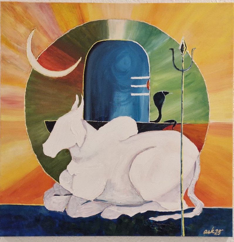 Acrylic painting of a reclining white bull before a blue lingam and radiating sun, by Ayesa Kaur
