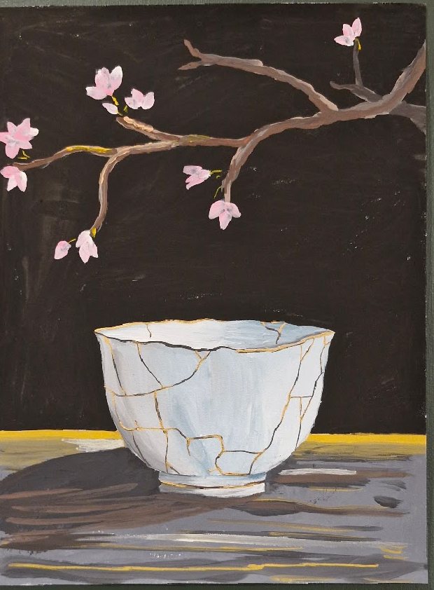 Gouache still life of a gold-mended white bowl beneath a blossom branch, by Ayesa Kaur