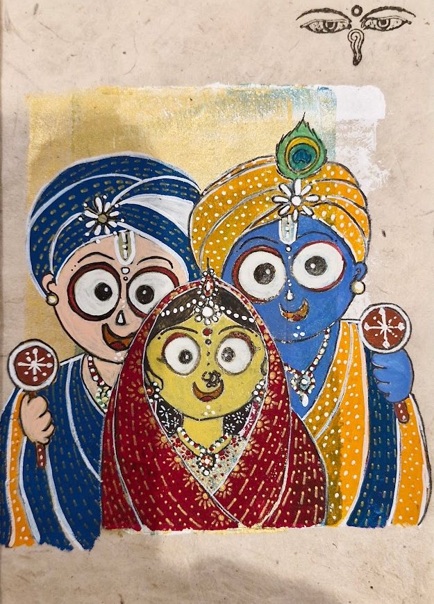 Folk-style painting of three figures in blue, yellow and red on hand-made paper, by Ayesa Kaur