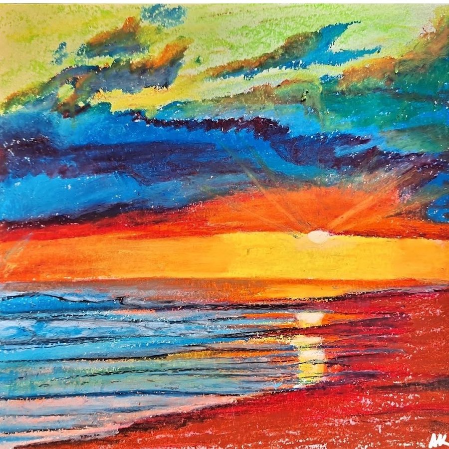 Oil pastel sunset over the sea, in orange, red and deep blue, by Ayesa Kaur