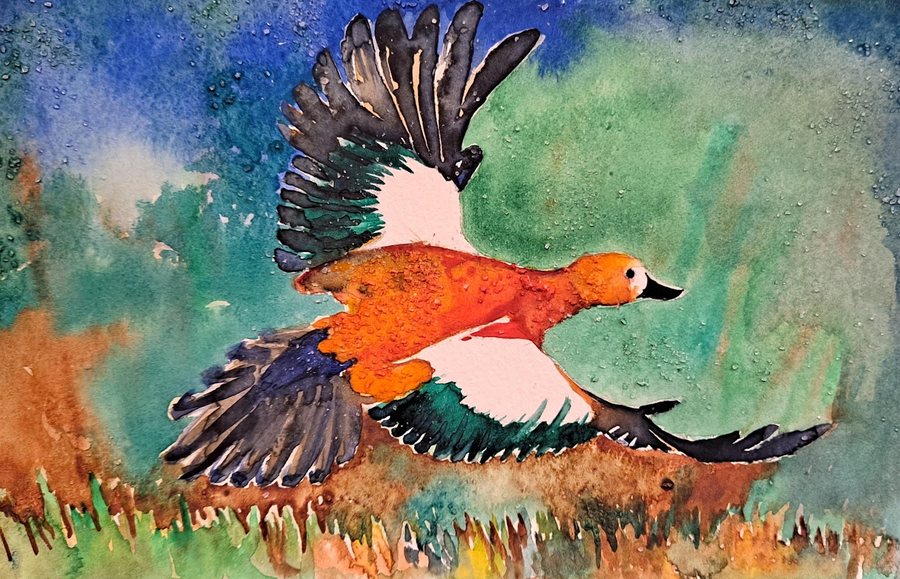 Watercolor of a duck in flight over textured green and rust grasses, by Ayesa Kaur