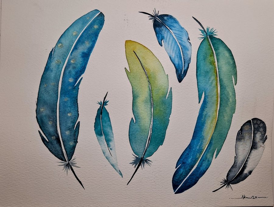 Study of seven feathers in teal, blue and gold watercolor, by Ayesa Kaur