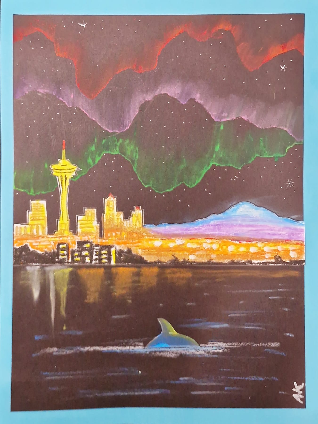 The finished picture: stars scattered through the dark sky and an orca breaching out of the reflected light.