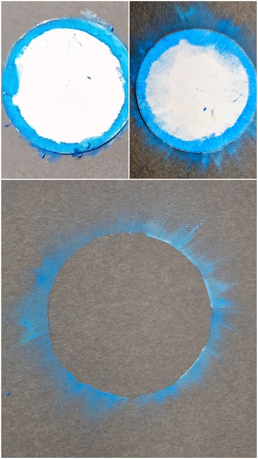 Three views: blue pastel colored around the rim of the cut circle, the blue rubbed outward onto the dark paper, and the circle lifted away to leave a ring of blue glow around a clean dark hole.