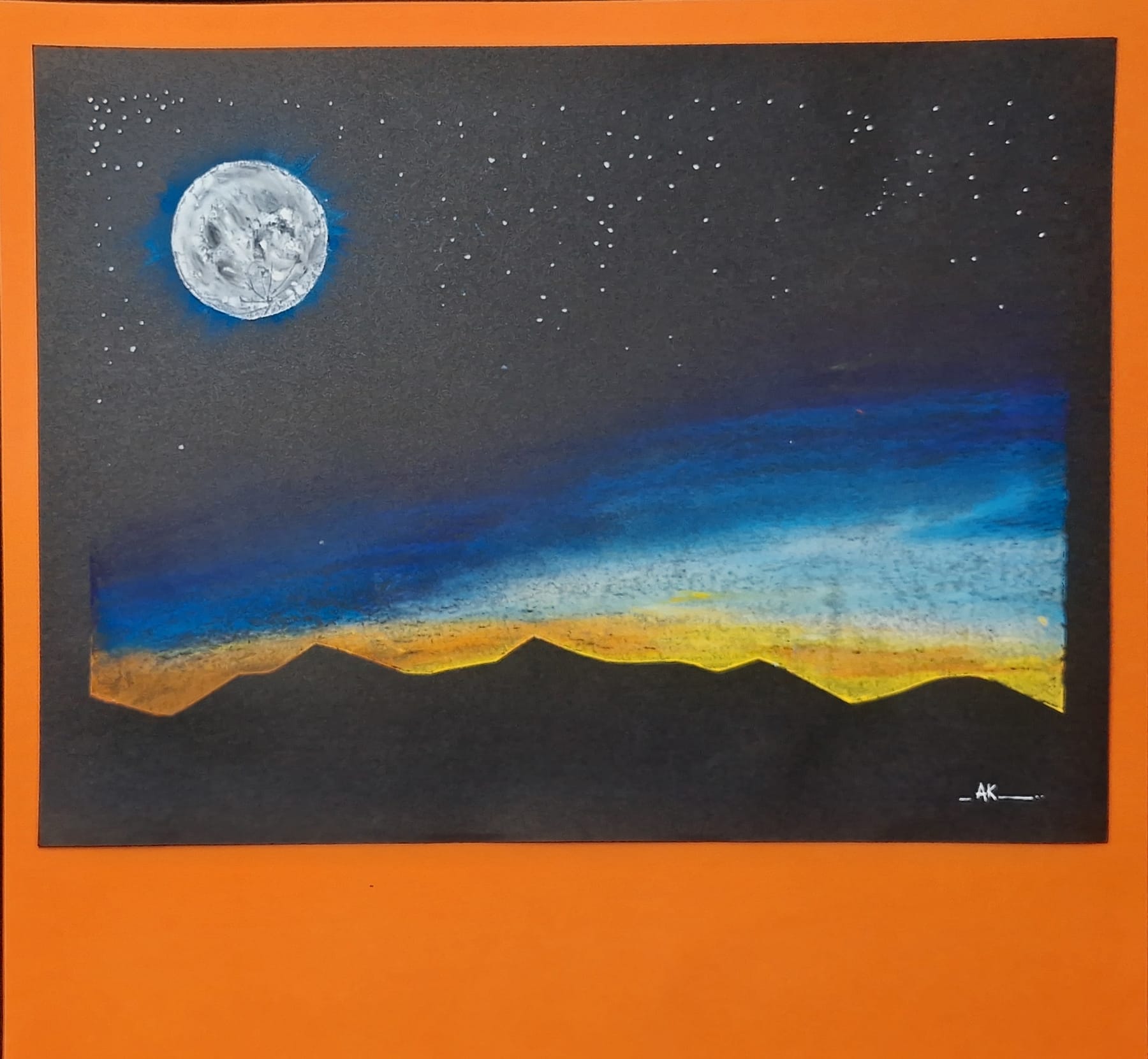 The finished picture: a bright Moon with a blue halo high in a starry sky, dark mountains along the bottom, and a yellow and blue sunset glowing behind the ridge.