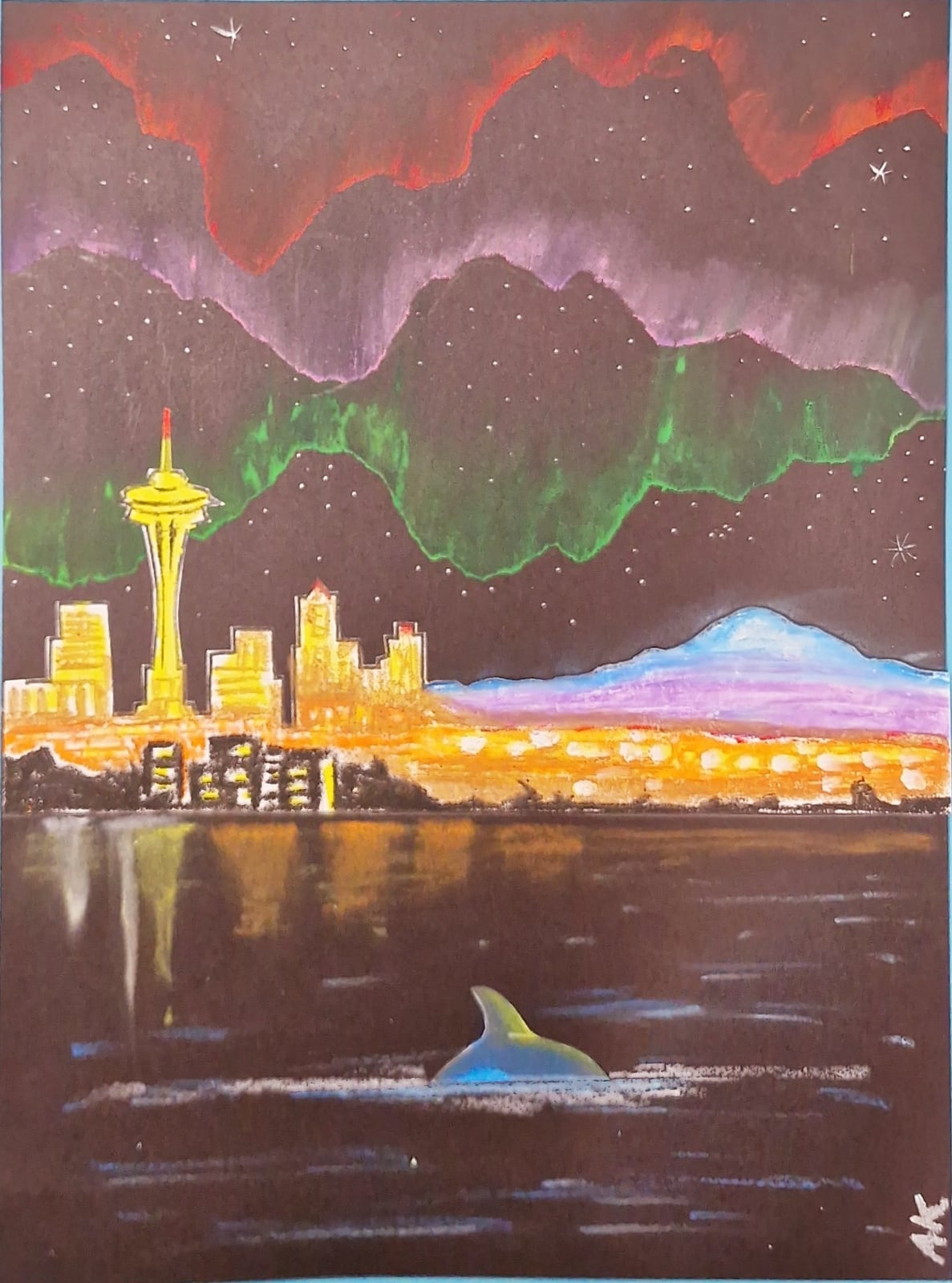 Ayesa Kaur’s oil pastel of red, violet and green aurora curtains over the Seattle skyline and Mt. Rainier, with an orca in the dark water below