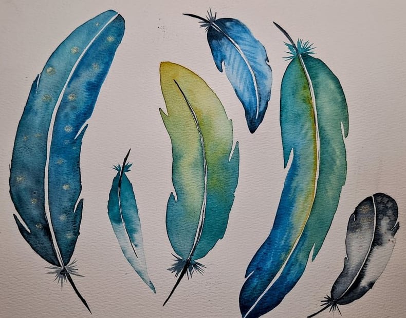 Ayesa Kaur’s watercolor of six feathers in teal, blue, green and gold, and one in gray, each with a white quill