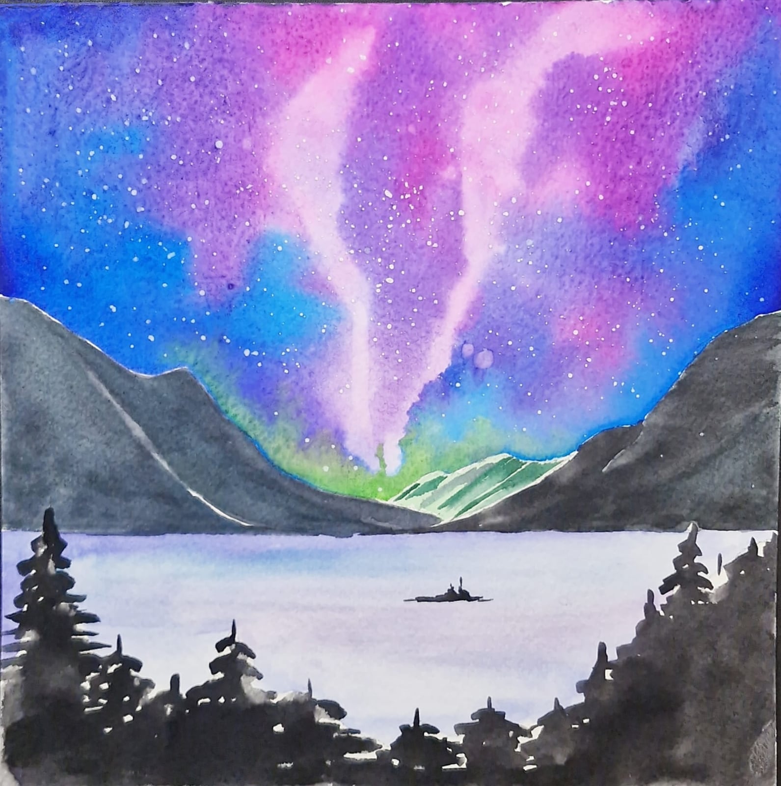 Ayesa Kaur’s watercolor of a violet and pink aurora with a green glow above gray mountains, over a pale lake edged with dark firs