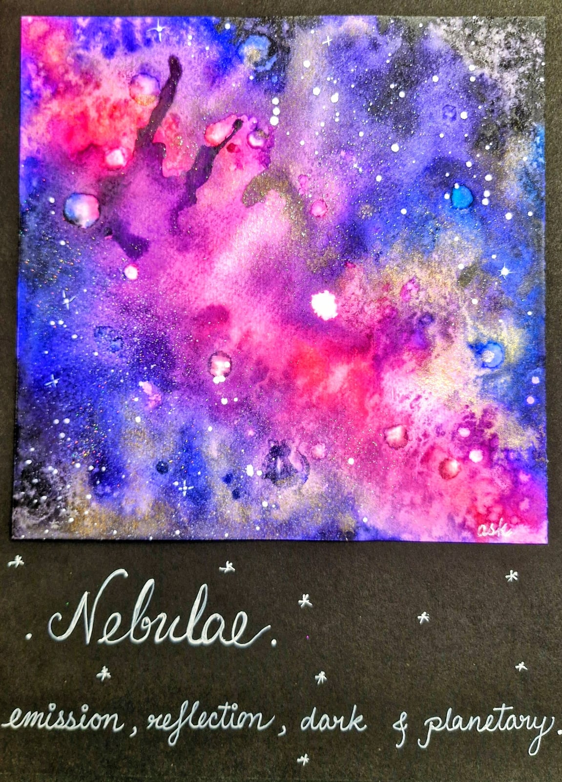Ayesa Kaur’s magenta and violet nebula watercolor, hand-lettered beneath: Nebulae — emission, reflection, dark and planetary
