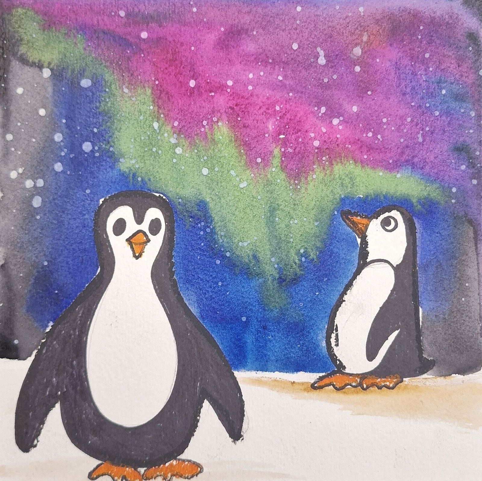 Ayesa Kaur’s watercolor of two penguins on snow under a magenta and green aurora