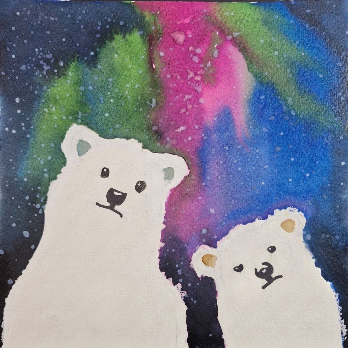 Ayesa Kaur’s watercolor of two polar bears under green, pink and blue aurora