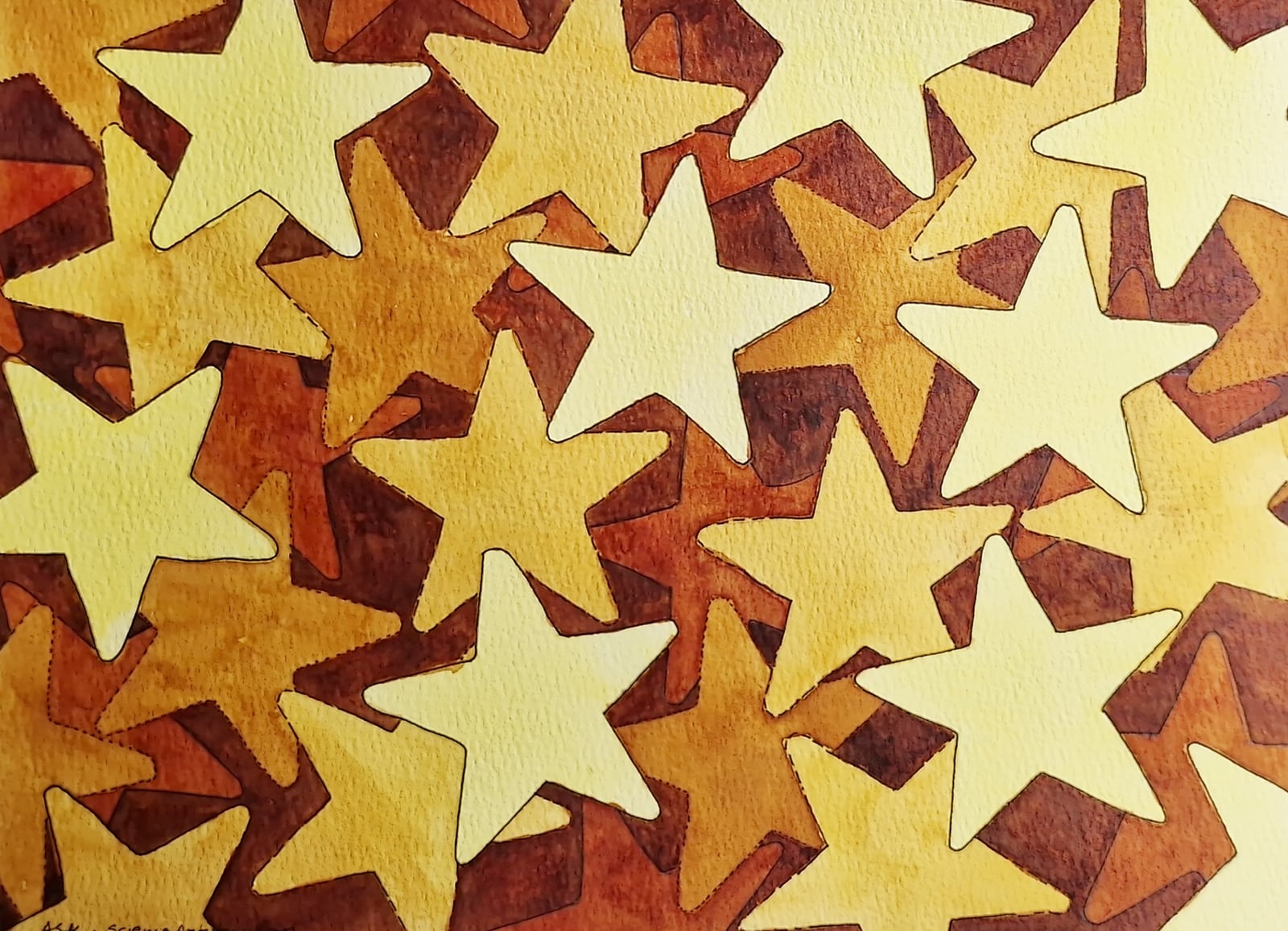 Ayesa Kaur’s watercolor of overlapping pale-yellow stars, each casting a brown shadow on the stars beneath it