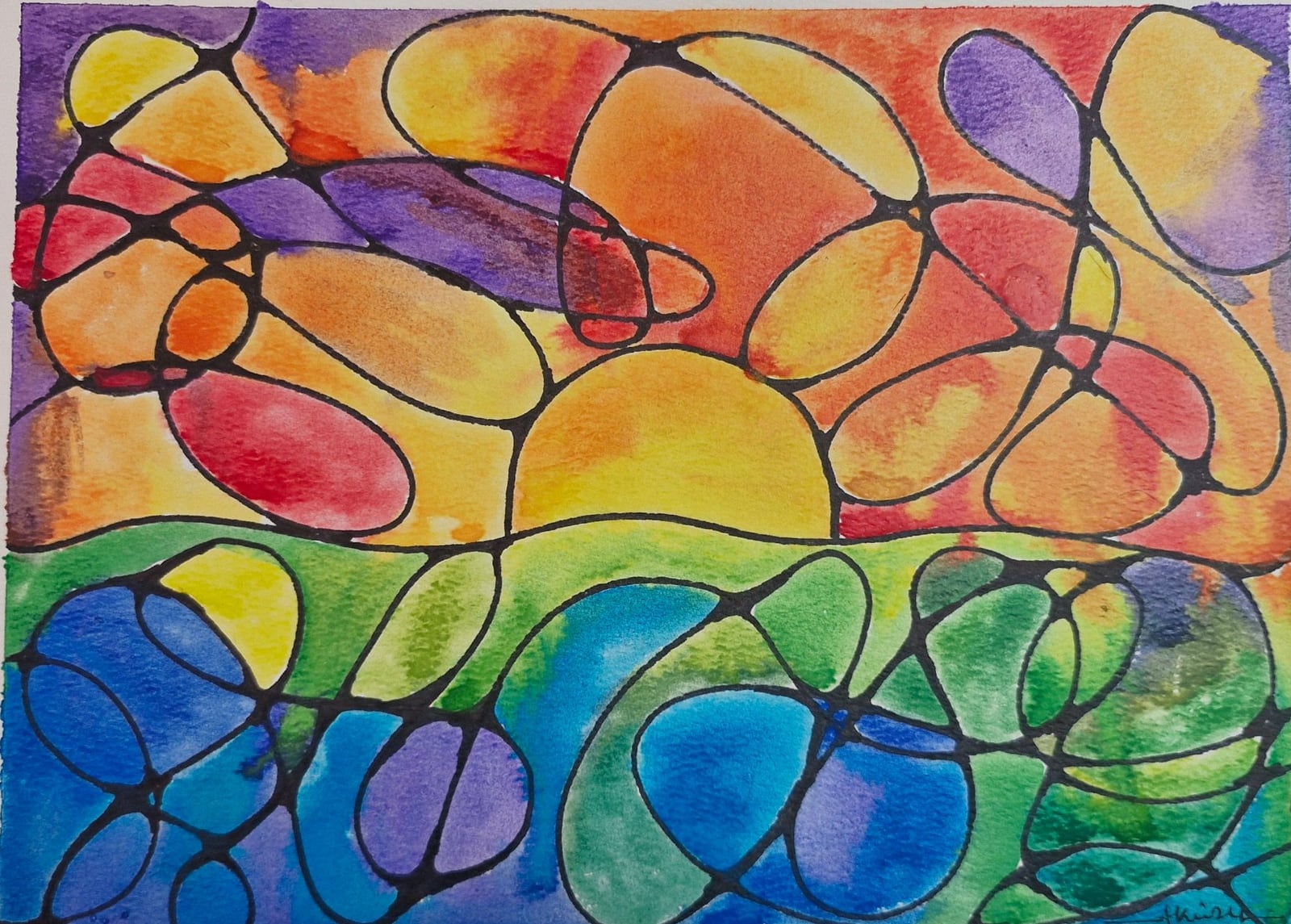 Ayesa Kaur’s neurographic watercolor: a rising sun in orange and gold above a sea of blue and green, all divided by rounded black ink lines