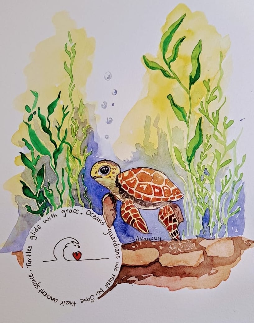 Ayesa Kaur’s watercolor of a sea turtle swimming through green kelp over a warm yellow wash, beside a circle of her handwritten haiku