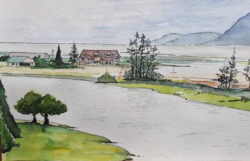 Ayesa Kaur’s ink and wash landscape: a green river valley, a red-roofed house among firs, and blue mountains beyond the water